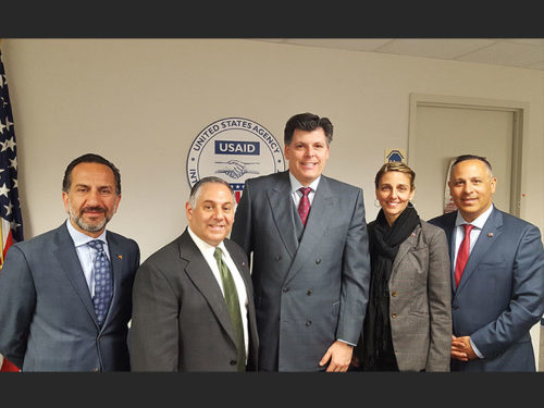 USAID Assistant Administrator Brock Bierman with (from l to r) ANCA Western Region advocate Leonard Manoukian, ANCA Eastern Region Chairman Steve Mesrobian, Dr. Alina Dorian, and ANCA Chairman Raffi Hamparian following an April, 2018, meeting regarding opportunities for cooperation on US assistance to Artsakh and Armenia.
