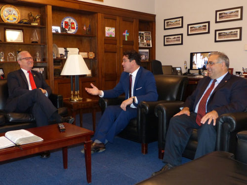 A scene from then-Rep. Kevin Cramer’s meeting regarding Armenian Genocide legislation (H.Res.220) with actor and producer Dean Cain and the ANCA’s Aram Hamparian in September, 2017.
