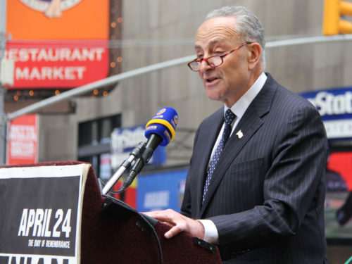 Senator Chuck Schumer, seen here offering remarks at the annual Armenian Genocide Observance in Times Square, has been a perennial advocate of Armenian Genocide legislation.