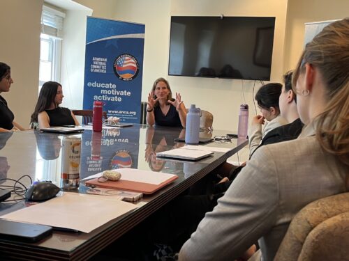 Maryland State Representative Dr. Lorig Charkoudian discusses public service opportunities and the importance Armenian presence in elected office during her visit with ANCA summer interns.