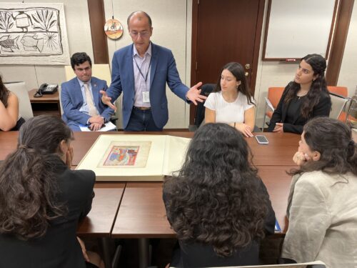 Library of Congress Armenia and Georgia Specialist Dr. Khatchig Mouradian shares treasures of their vast Armenian collection with the 2024 ANCA Summer intern team.