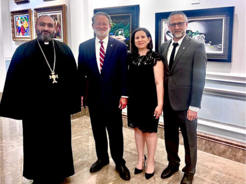 Sen. Gary Peters (D-MI) with Rev. Fr. Hrant Kevorkian, pastor of St. Sarkis Armenian Apostolic Church in Dearborn, MI, ANCA National Board Member Dzovinar Hamakorzian, and ANC Michigan advocate Sebouh Hamakorzian.