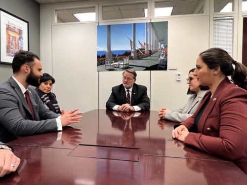 Sen. Gary Peters (D-MI) conferring earlier this year with ANCA National Board Members Dzovinar Hamakorzian and Aida Dimejian, ANCA Policy Director Alex Galitsky and Government Affairs Director Tereza Yerimyan on Azerbaijani accountability for the Artsakh Genocide and efforts to secure Azerbaijan’s release of Armenian prisoners.