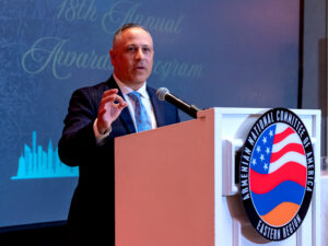 ANCA Chairman Raffi Hamparian salutes “the best of us” in powerful remarks at the October 19, 2024, ANCA Eastern Region gala. Photo courtesy of Bars Images Photography.