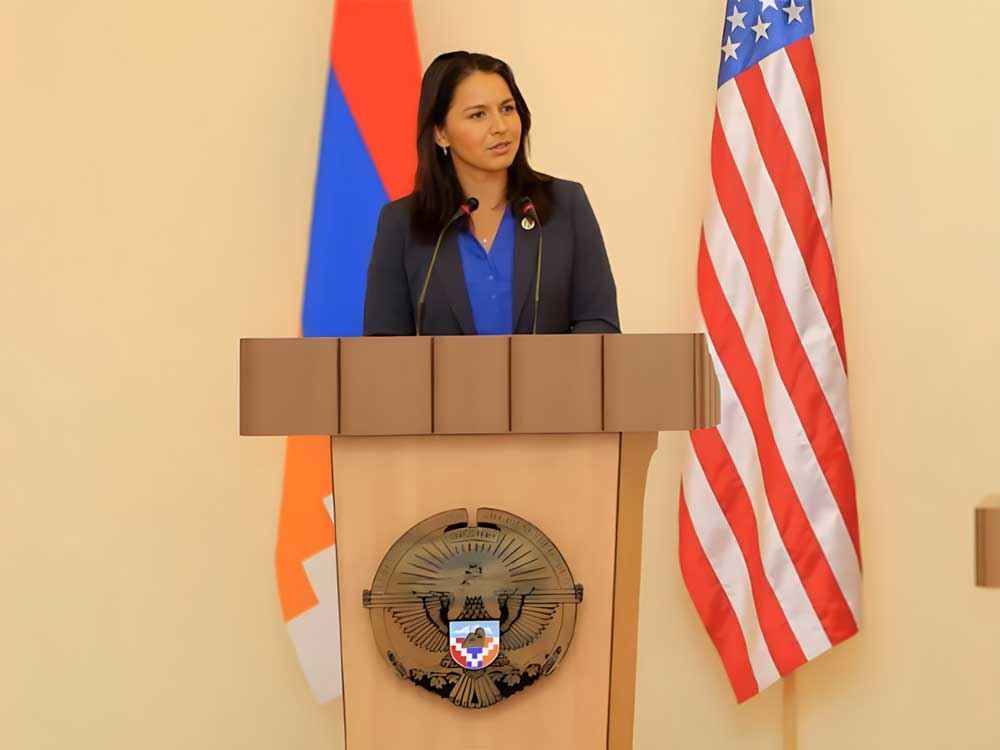 Former Congresswoman Tulsi Gabbard addressing the Republic of Nagorno Karabakh (Artsakh) parliament during her visit in 2017.