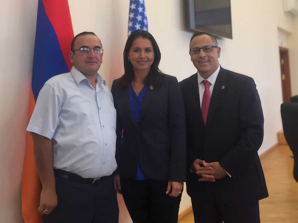 DNI Gabbard - then a member of the House Foreign Affairs Committee - with Artsakh Parliamentarian Lernik Hovhannisyan and ANCA Chairman Raffi Hamparian at the Republic of Artsakh National Assembly in 2017