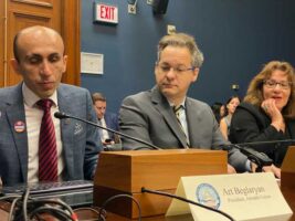 Former State Minister Artak Beglaryan testifies about Azerbaijan’s genocide against Artsakh and offers U.S. policy recommendations during the Tom Lantos Human Rights Commission hearing, pictured with fellow witnesses Jared Genser and Miriam Lanskoy