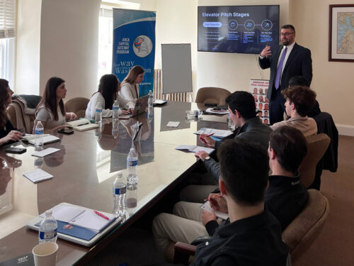 Congressional staff member Haig Hovsepian discusses the finer points of compelling elevator pitches with 2025 ANCA Rising Leaders Session 2 participants.