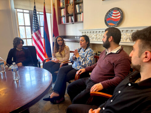 Areni Margossian, Nanar Ohannesian, and Sipan Ohannesian offering insights during a career panel highlighting Armenian American professionals in federal intelligence, foreign policy, and consulting.