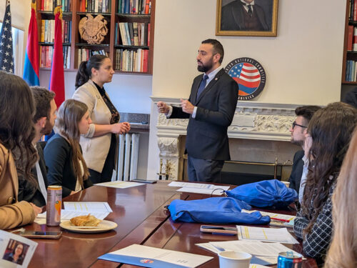 ANCA’s Tereza Yerimyan and Gev Iskajyan lead an early morning Capitol Hill preparation session with ANCA Rising Leaders Session 2 participants, reviewing legislative priorities to be advanced during Lucine Kouchakdjian Capitol Hill day.