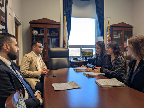 ANCA Rising Leaders Ellena Shabandarian, Sophia Gevorgian, and Margarita Simonyan make the case to sanction Azerbaijan and demand the immediate release of Armenian hostages in a meeting with Rep. Scott Peters' (D-CA) team, as ANCA National Grassroots Director Gev Iskajyan looks on.