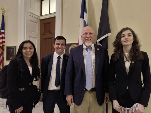 ANCA Rising Leaders Shushanik Hayriyan, Gevorg Ghazaryan, and Tamara Nahapetyan catch up with Rep. Chip Roy (R-TX) to discuss Armenia security and Artsakh justice during Lucine Kouchakdjian Capitol Hill Day.