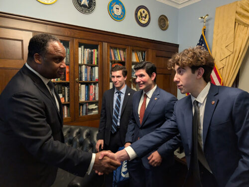 Rep. Jonathan Jackson (D-IL) takes time to chat with ANCA Rising Leaders Aram and Arek Kedeshian and Charles Simonian on issues affecting Armenia's security and Artsakh justice.