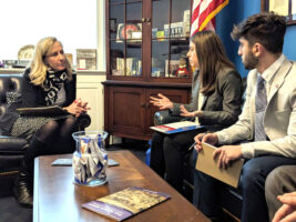 Former Rep. Abigail Spanberger discusses Azerbaijan’s blockade of Artsakh and the need for sanctions on the Aliyev regime during a February 2023 ANCA Advocacy Days meeting with Sosy Bouroujian, Hovsep Seferian and Dr. Henry Theriault (not pictured).